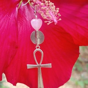 Rose Quartz Earrings with Ankh
